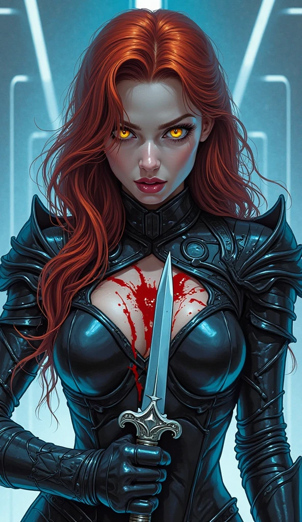 Masterpiece, Best Quality, Photorealistic, Rayne, Black Dress, vampire fangs, hair ribbons, Average Breasts, red hair, blood rayne, BLood Rayne, Bayonetta, Blood dripping from the mouth,Bloodrayne, Danaerys Targaryen, Kate Beckinsale, cleavage