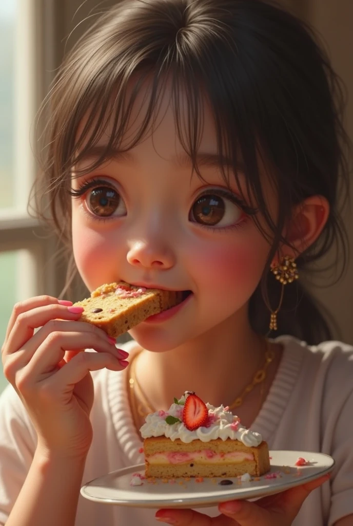 real girl eating strawberry with cream
