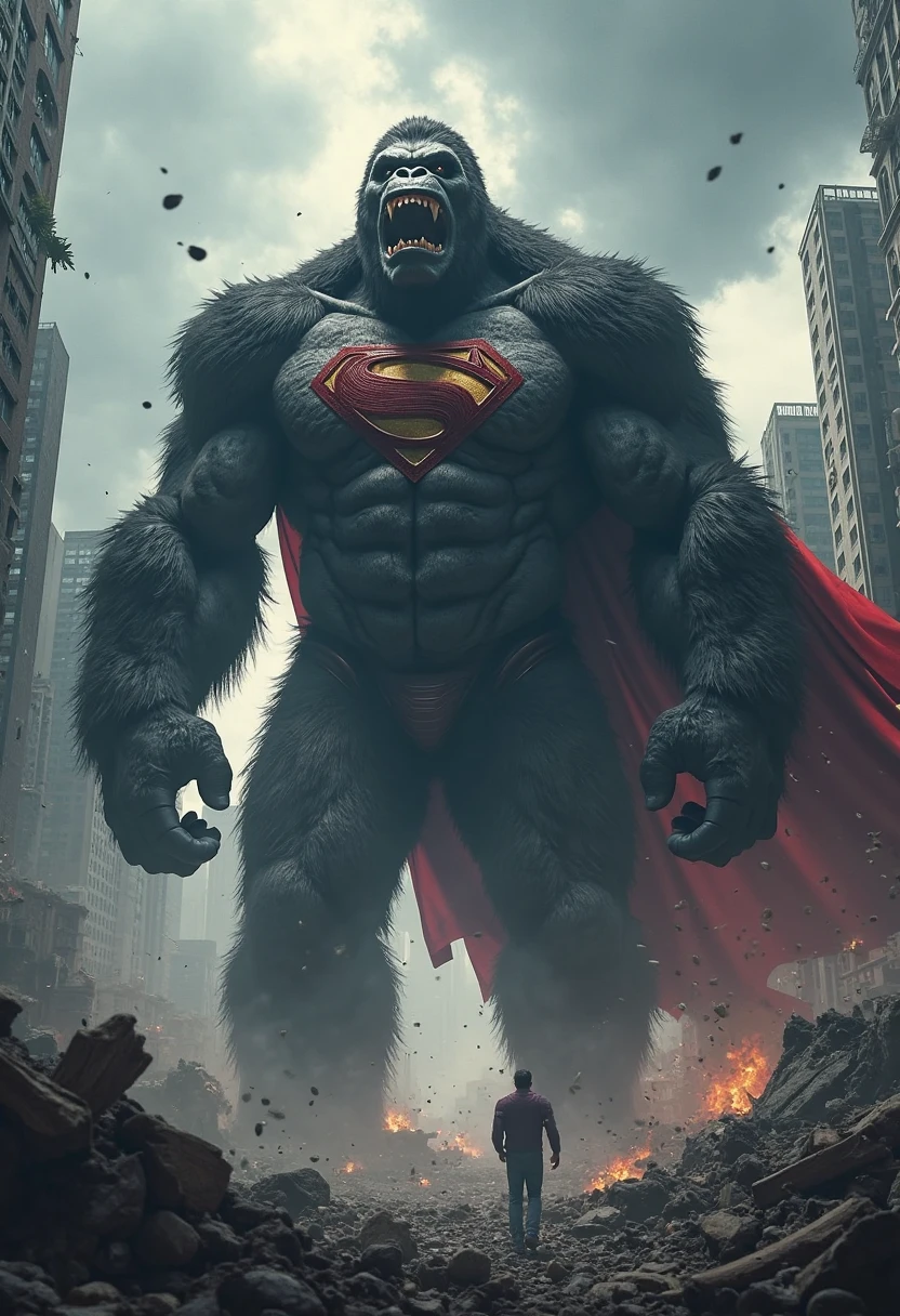 Superman and gorilla hybrid version.The gorilla looks like Superman and is wearing a Superman suit. The gorilla is also wearing a Superman face mask. And he is hanging from a building. Some helicopters are also flying around the building