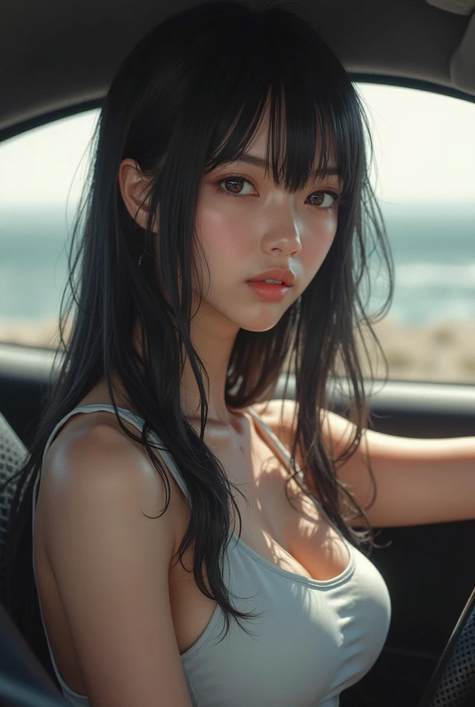 (Best quality, 8k, Masterpiece :1.3), (realistic, photorealistic: 1.37), (1girl), (slim), (Japanese), (wet body) (random pose), (long hair, random hairstyle), (outdoors), (Ultra-detailed face), (Detailed eyes), (Double eyelids), (eyeshadow intensifying), (many eyelashes), (professional lighting), (photon mapping), (radiosity), (looking directly at viewer), (full bodyesbian), (legs are open), (With a cropped T-shirt), (Slim figure), (Slim girl model), (25 years old female model), (gigantic cleavage breasts) (bra, No top, Bare chest),