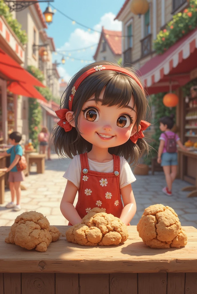 A girl, facing the camera, European and American children, black hair, orange clothes, holding bread in both hands, eating bread, very happy, laughing, sunny, cheerful, pure white background, Pixar painting style --auto --s2