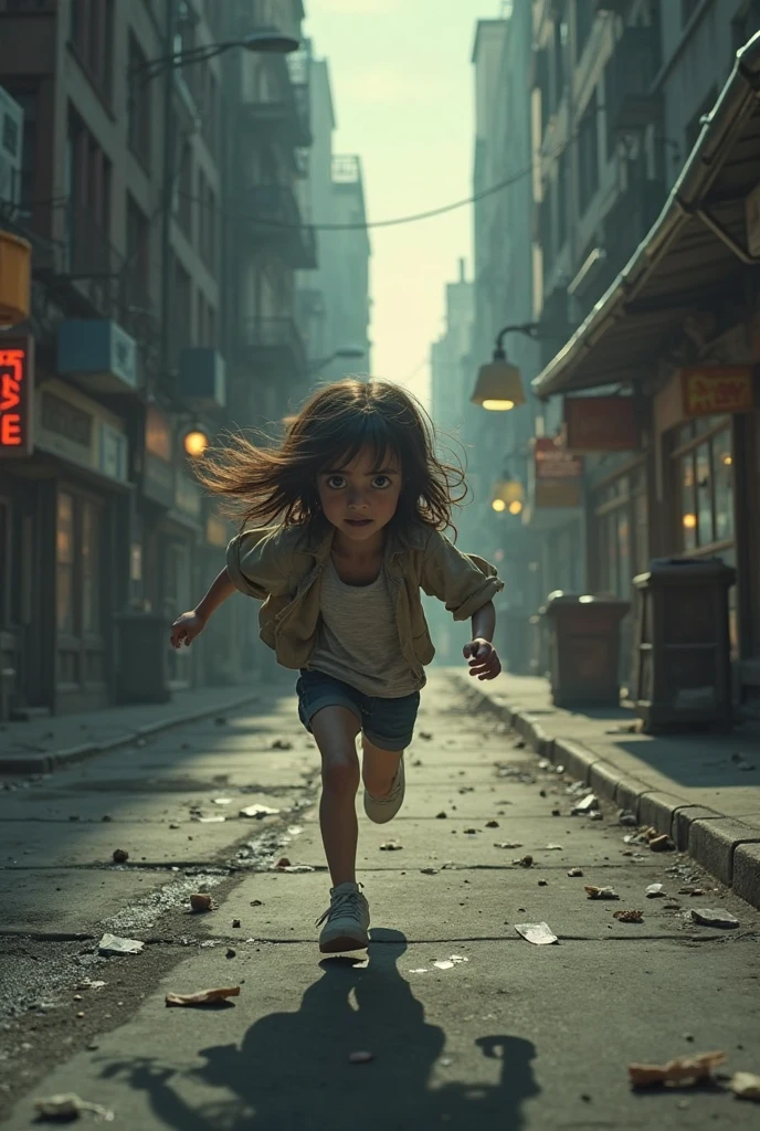 A girl with short black hair, 1, running in the street, wearing clothes similar to boys' clothes, with a serious face and her head wrapped in a bandage due to an injury to her head