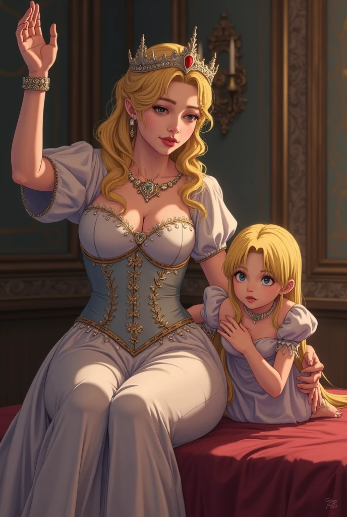 big breast queen reading a book to the princess in bed, cute birds , fairytale