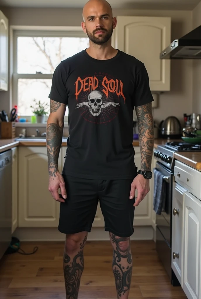 Mohawk hair iron fist black shirt black shorts black shoes