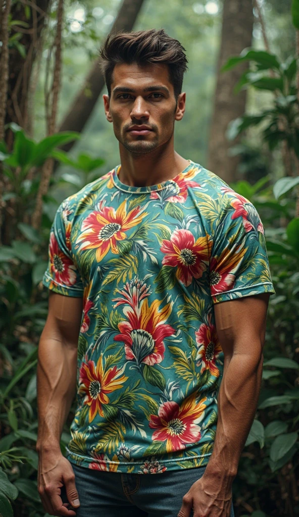 flower4rmor, photo of a Ghanaian man wearing flower tank top, fantasy medieval beach background, dynamic movement, shorts, realistic, masterpiece, intricate details, detailed background, depth of field,