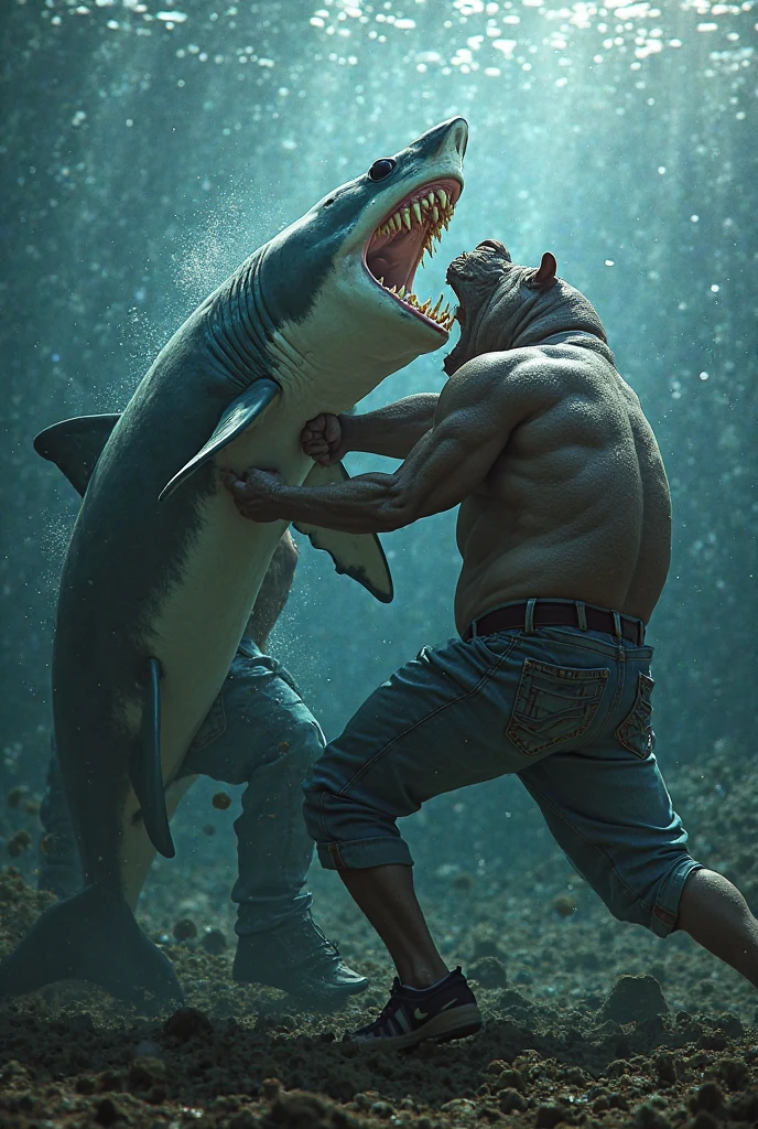 Strong light-skinned man riding a tiger shark with blood and wounds, The man&#39;s face must be very clear and must be in portrait form. 