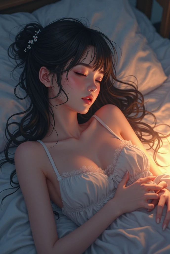 A woman sleeping with her eyes closed on a pillow while showing her breasts and buttocks on a rainy night