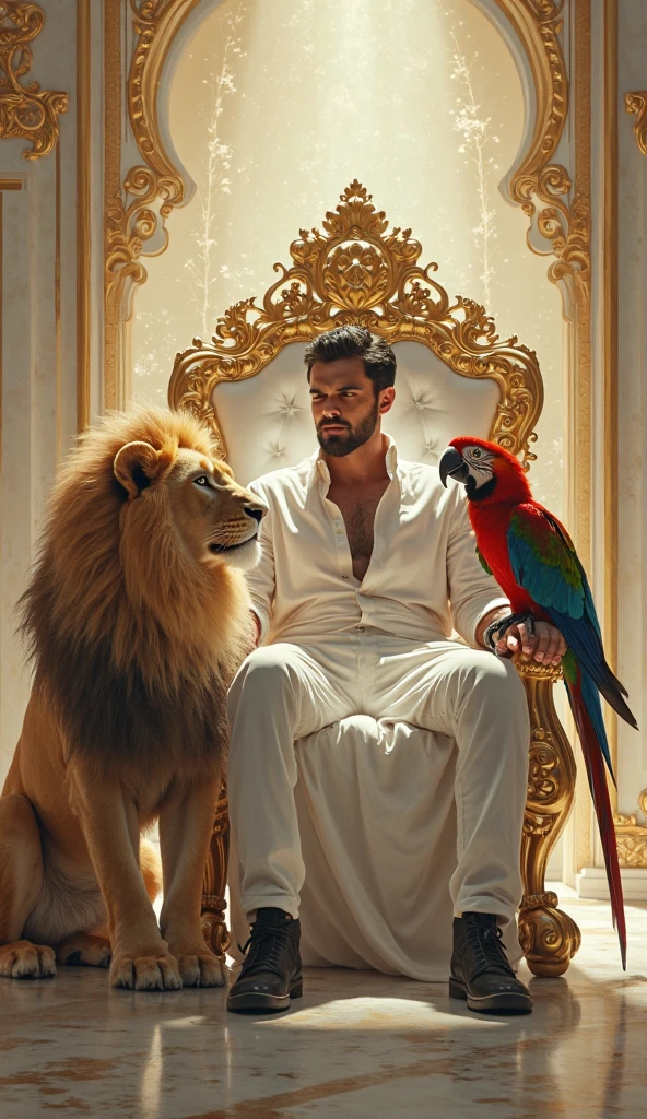 A handsome handsome shirtless man wearing gold pants sitting on a king's chair, thin white skin, in the desert with a desert palm tree behind him, a lake and a peacock with two leopards at his side, a carpet under his feet while 2 golden women dance in front
