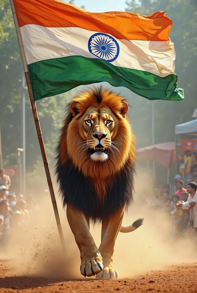 A big body builder lion hand India flag. And others people salute india flag