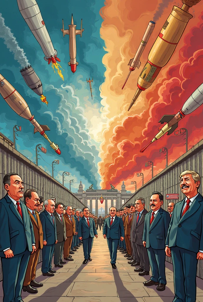 Vladimir Putin, Donald Trump and Chinese president Xi on apocalyptic background with nuclear weapons, bomb, Simpsons style, epic, yellow skin, 8k —ar 16:9