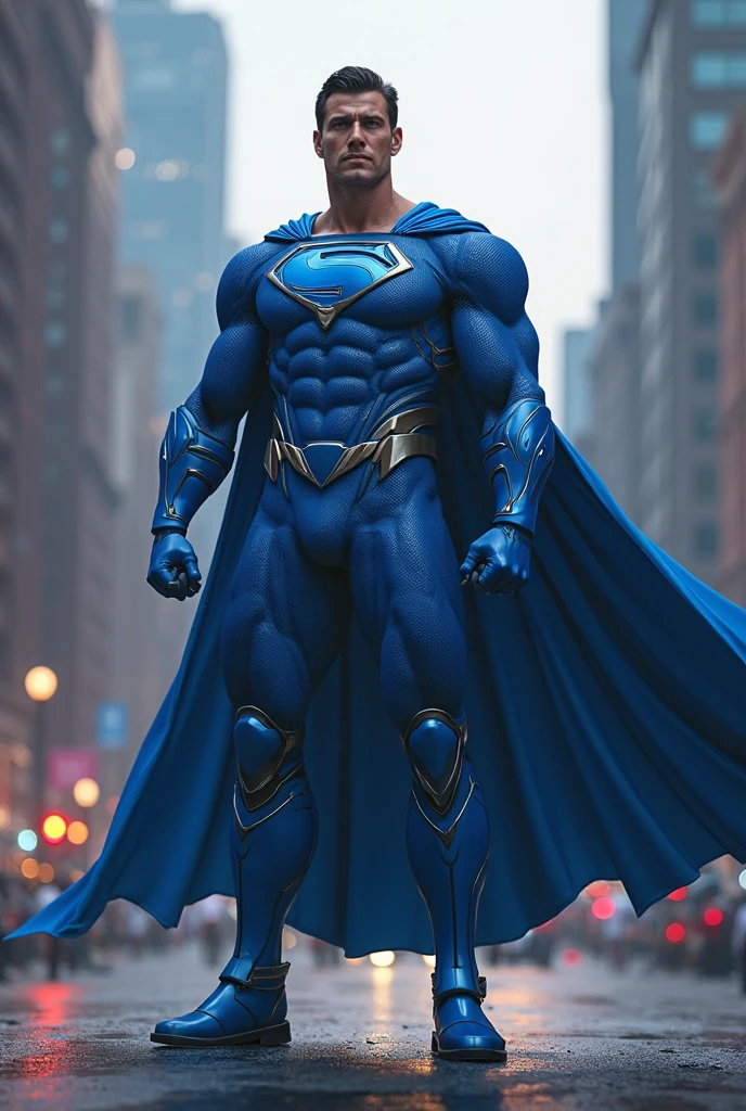 Create a superhero with a blue suit and an f in the