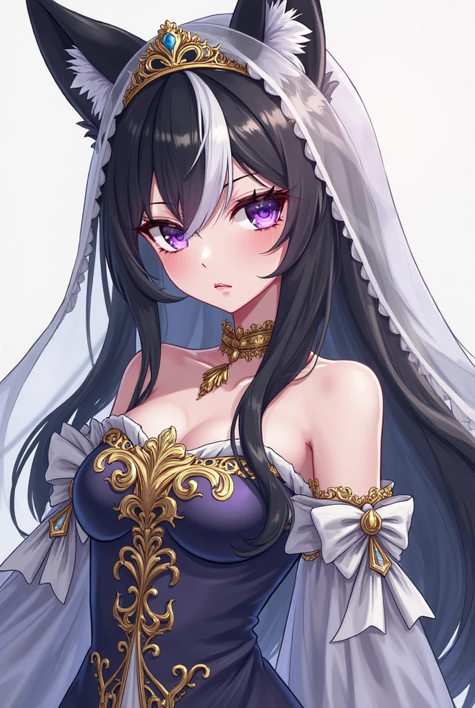 （hoang lap，A high resolution，ultra - detailed），1girll，Black-purple hair color，the hair，Curl，The cleavage protrudes，Black wedding dress，Veil behind the head，White veil，Ying color headdress，Sick，a sense of atmosphere，Light