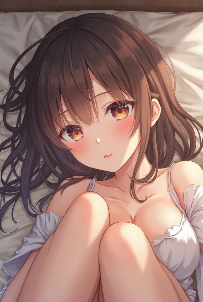 nozomitoujou, nozomi toujou, green eyes, brown hair, curly hair, large breasts, masterpiece, best quality, high resolution, beautiful detailed eyes, extremely detailed face, good lighting, detailed CG, nightdress, sleepy, yawn, messy hair, (laying down), sofa, one eye closed,