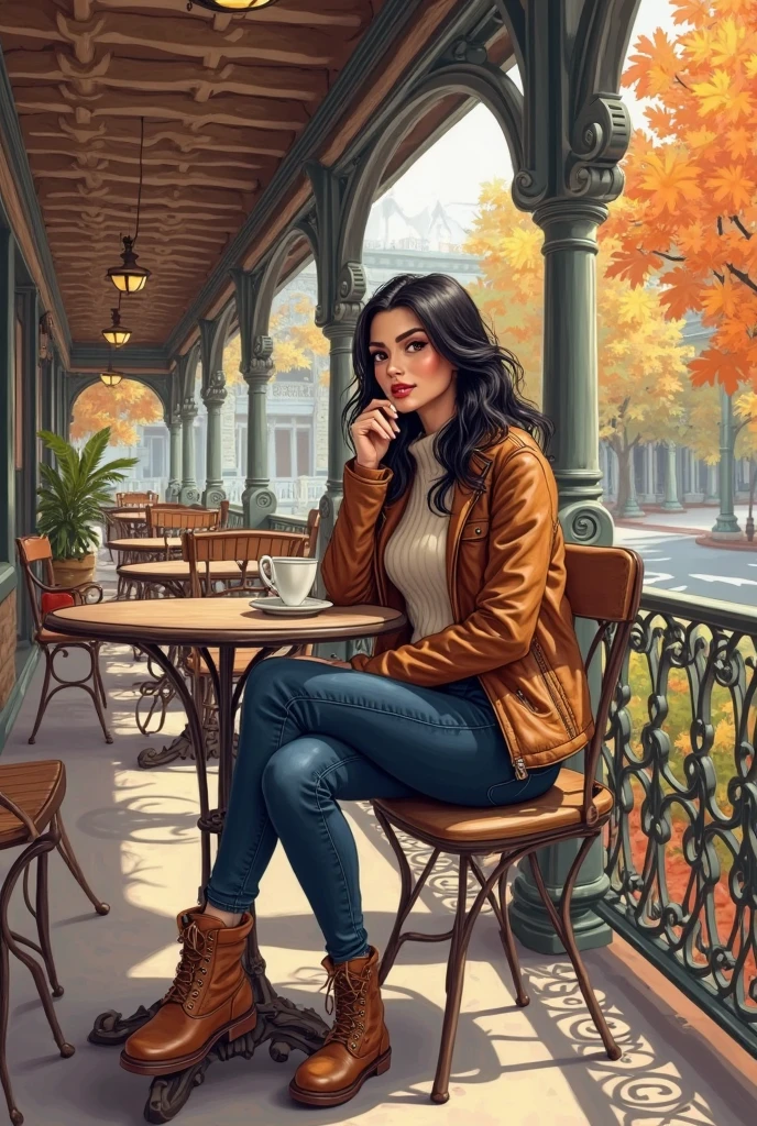Full body beautil pale white skin latin woman, 5'7" tall, medium lush black hair, deep green eyes, wearing zip up dark blue quilted down nylon jacket with golden buttons, black bell bottom pants, rolled up sleeves, zipping up jacket, up collar, cleavage, red and black plaid formal button down blouse under jacket, happy smile, sitting on chair on shopping center, high hill sandals, summer sunny day, bag, watch and bracelet, neck chain, ear rings, crossing legs, drinking a cup of juice