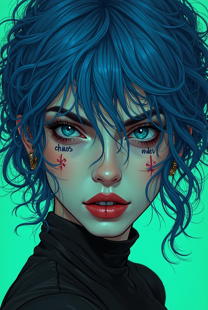 score_9, score_8_up, score_7_up, score_6_up, 1girl, alma, androgyne symbol, blue hair, choker, cleavage, dress, freckles, jewelry, large breasts, lipstick, makeup, purple lips, short hair, solo, yellow eyes, majalis 