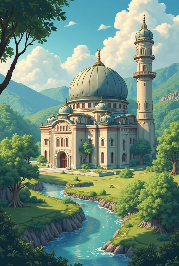concept art of mosque , flat colors,sketch, in the middle of lake , half colored ,half completed