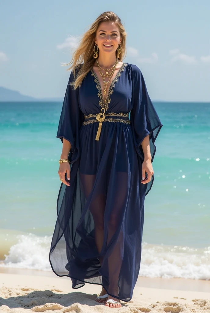 21 year old woman, cute blue eyed blonde with slavic features, se encuentra en el Souk Madinat Jumeirah, wearing an elegant kaftan that accentuates her round breasts and hips. He is standing in one of the canals, with traditional boats and Arabic-style buildings in the background. Sus ojos azules reflejan la cultura y la historia del lugar.