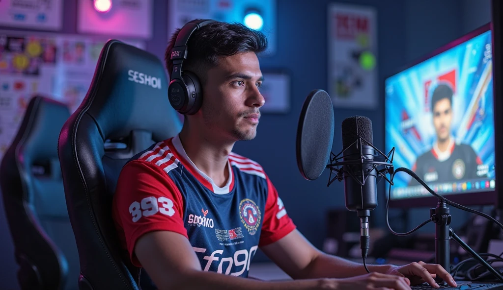 There's a boy sitting at a desk with a computer and headphones, Streamer do Twitch / Jogador Ludwig, jogos, Desportivo, Estilo e-sport, jogador, Asher Duran, assumindo o controle enquanto sorri, Anton Fadeev 8 K, head shoot, foto de perfil 1024px, Streamer do Twitch, mateus 9 5, Directed by: Luis Miranda, Directed by: Scott M. Fischer