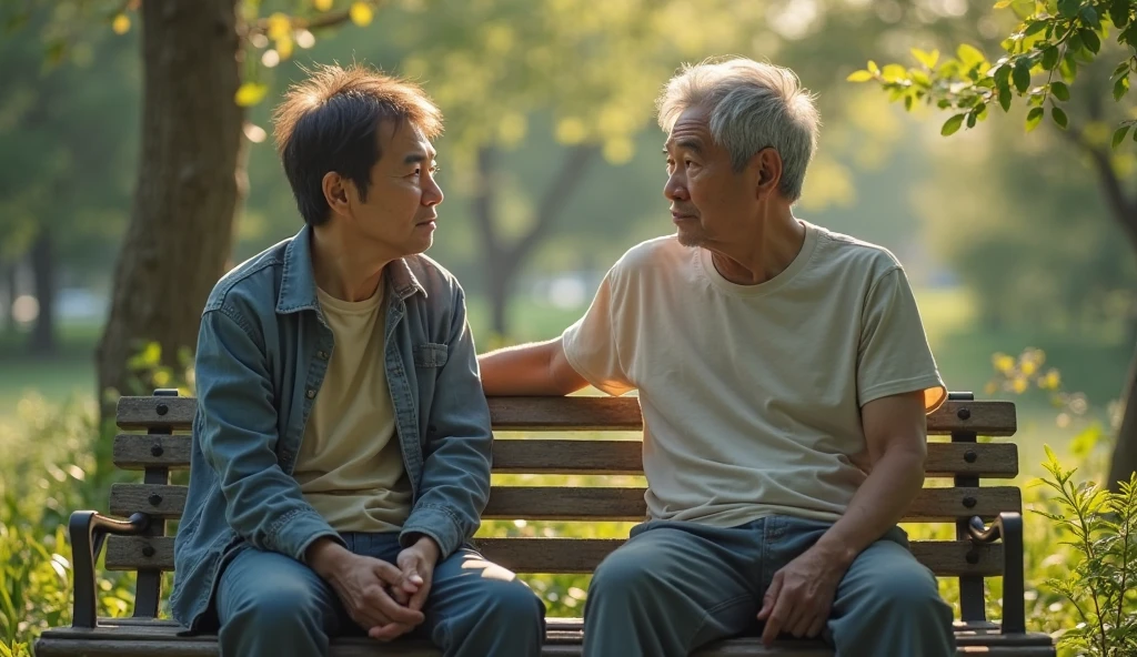 /imagine A young man talking to a wise old man in a peaceful park. The elderly man is sitting on a wooden bench, holding a bucket with a small hole. The young man listens attentively, with an expression of curiosity and wonder. ao redor, colorful flowers are in full bloom, and the sunlight shines softly, creating an atmosphere of learning and connection between generations.
