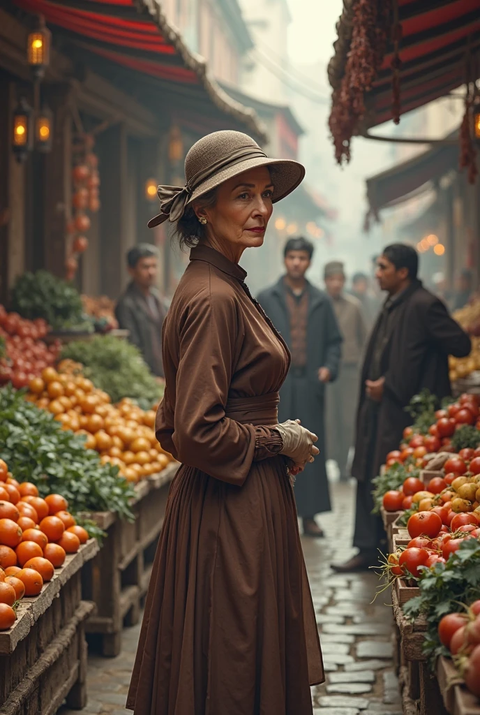 Happy and elegant woman, with her children shopping at the market 1960