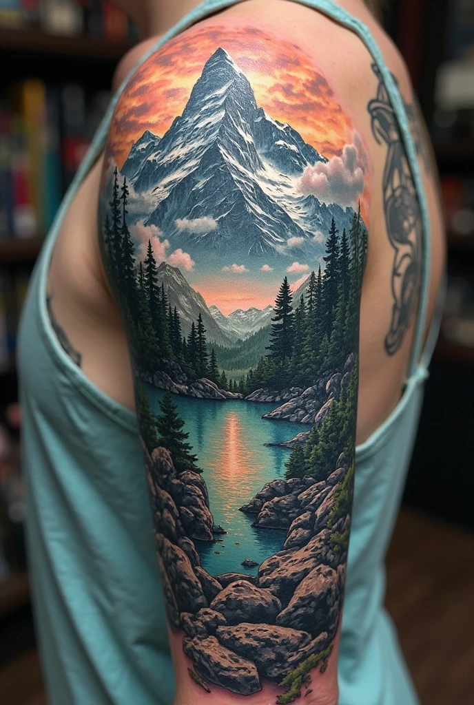 <lora:sleeve_tattoo_v2:1> masterpiece of photorealism, photorealistic highly detailed 8k photography, best hyperrealistic quality, volumetric lighting and shadows, young woman in fullsleevetattoo stattoo, (heart), french twist dark red, Volcanic Landscapes, 360-Degree Virtual Reality Perspective