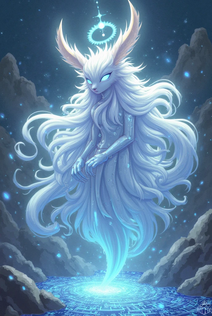fanged grin long fluffy tail swirling white hair and gems in ethereal fantasy art style