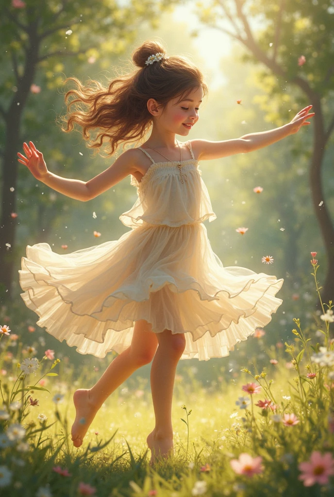 A whimsical girl with long, flowing hair made of flowers, dancing in a field of vibrant colors. Representing the winter station. Rendered in a dreamy, watercolor style.