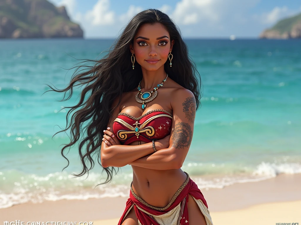 Young indian brown woman is wearing a strapless saree, sea beach, detailed body and face, tattoed hands, big bright eyes, oily skin, charming, curvy body, big belly and breasts, sexy, perfect anatomy, braid hair, detailed background, ultra quality, detailed shadow, ultra textures, god rays, ray tracing nvidia, 8k