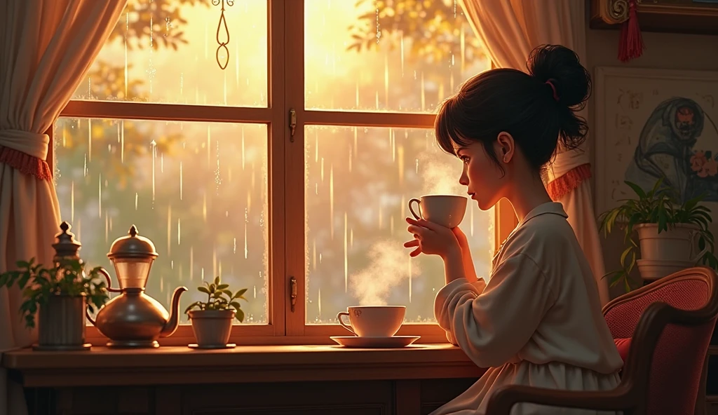 Two cups of hot tea, there's steam coming out of them, they're in front of a window, there's raindrops on the window, beautiful painting, watercolor style