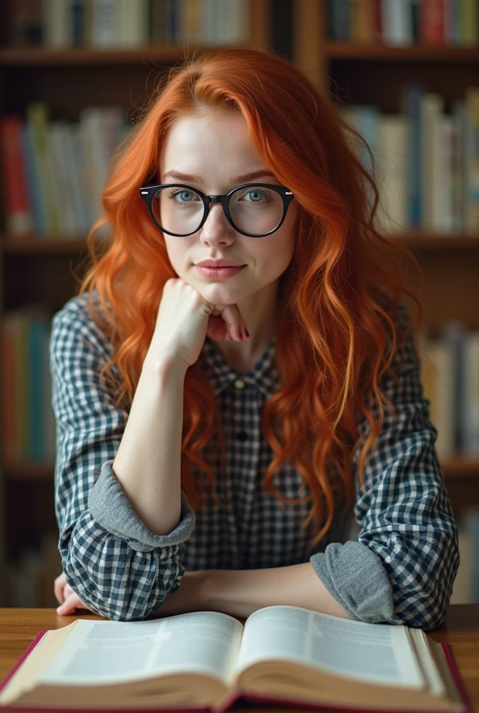 a beautiful young woman with freckles on her face, redhead, wearing college clothes, full body shot, nerdy, glasses, (best quality,4k,8k,highres,masterpiece:1.2),ultra-detailed,(realistic,photorealistic,photo-realistic:1.37),detailed face, beautiful detailed eyes, beautiful detailed lips, extremely detailed face, longeyelashes, college student, bookish, academic setting, studying, introverted, (intricate,highly detailed:1.2), (cinematic lighting:1.1), (warm color tones:1.1), (soft focus:0.9)