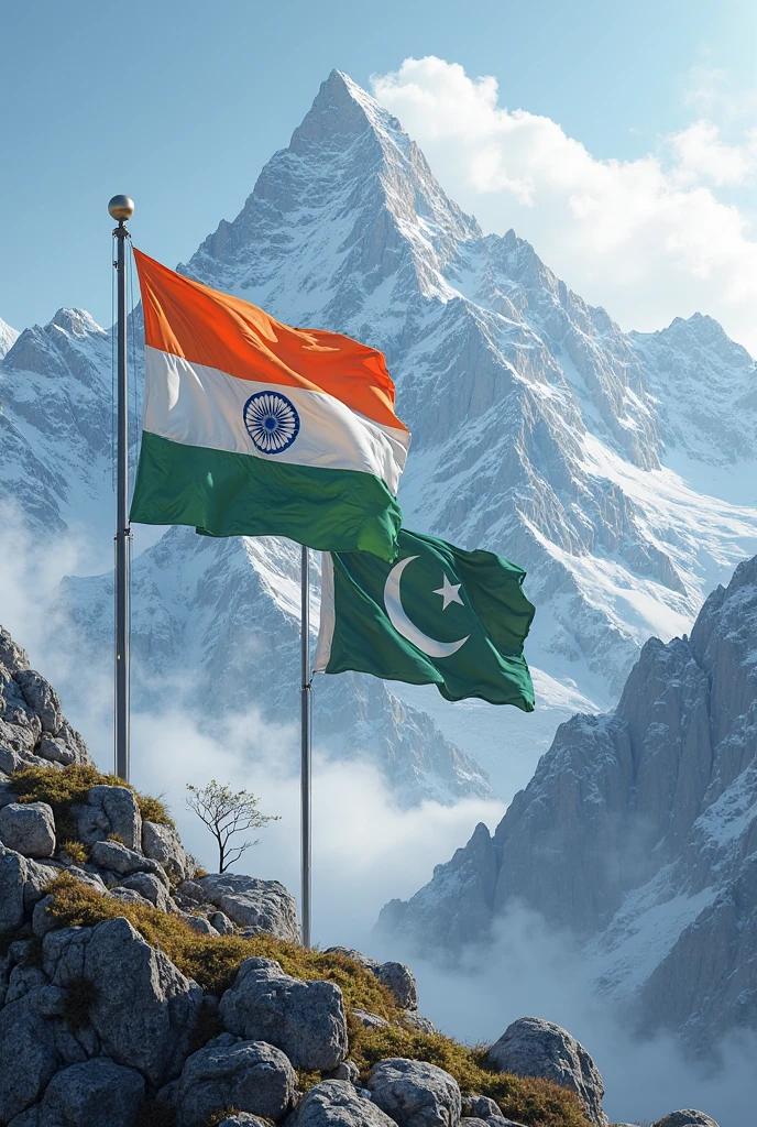 Make a YouTube thumbnail for Make Pakistan india loc  bridge in kashmir with Pakistani and indian flags on there sides. 