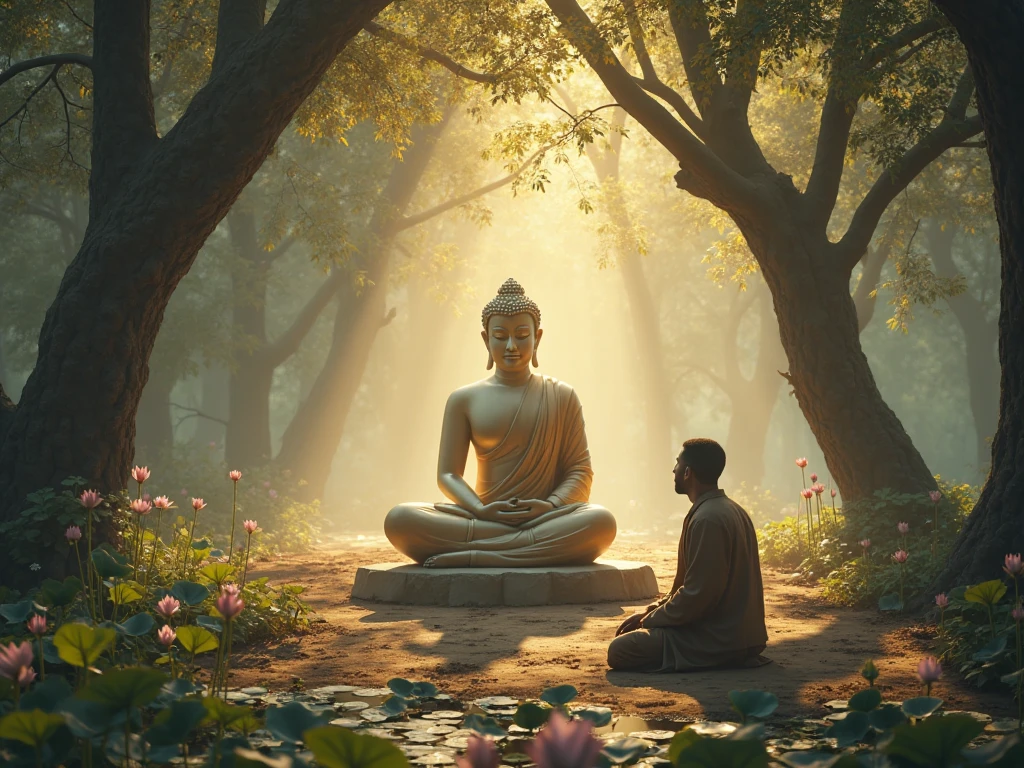 me realistic image of 2 asian meditating in an astral temple with forest and birds flying with big buddha statue and cat beside