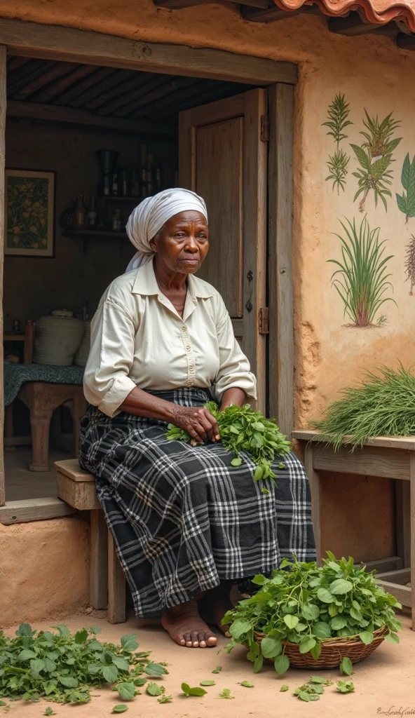 An elderly, stout black woman in a white blouse and skirt, with a white cloth on her head, holding a porcelain basin full of herbs in a humble dirt yard. 