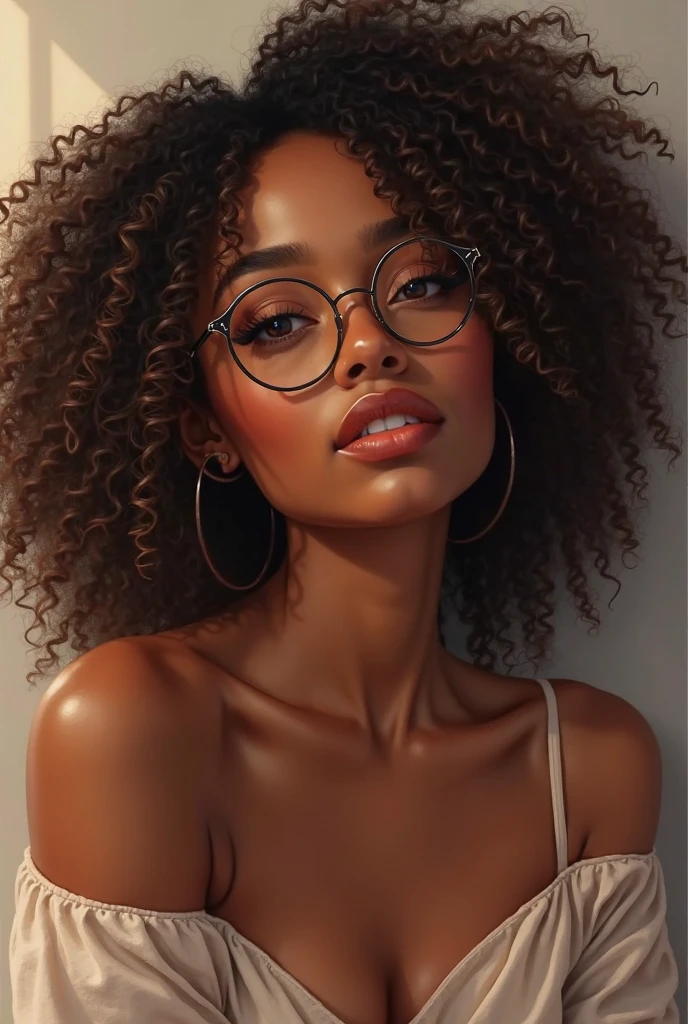 dynamic close-up of the upper part of 1 Black woman, 28 years old, extremely slim and beautiful, perfect body, (well-shaped and delicate face with (piercing gaze)), black skin with highly detailed depth, she is leaning against a brick wall, (long hair, slightly messy and shiny wavy brown hair, hair over the eyes), (detailed, large, bright eyes, light brown eyes, curled eyelashes, large glasses), (sensual pouting with mouth), wearing a short sweater showing shoulders, (she is shining with sweat), ultra realistic image, Perfect Symmetry, vibrant and sharp, dynamic vision, high quality, hyper-realistic and cinematic 32k.