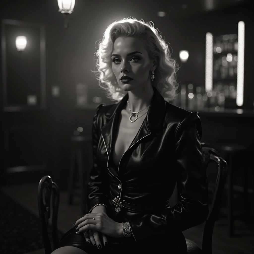 Uma imagem de uma cativante estrela do filme noir, envolta em um vestido elegante, sitting in a dimly lit bar reminiscent of classic Hollywood movies. The black-and-white image exudes the timeless allure of 1940s cinema, with its dramatic lighting and aura of vintage glamour. --auto --s2