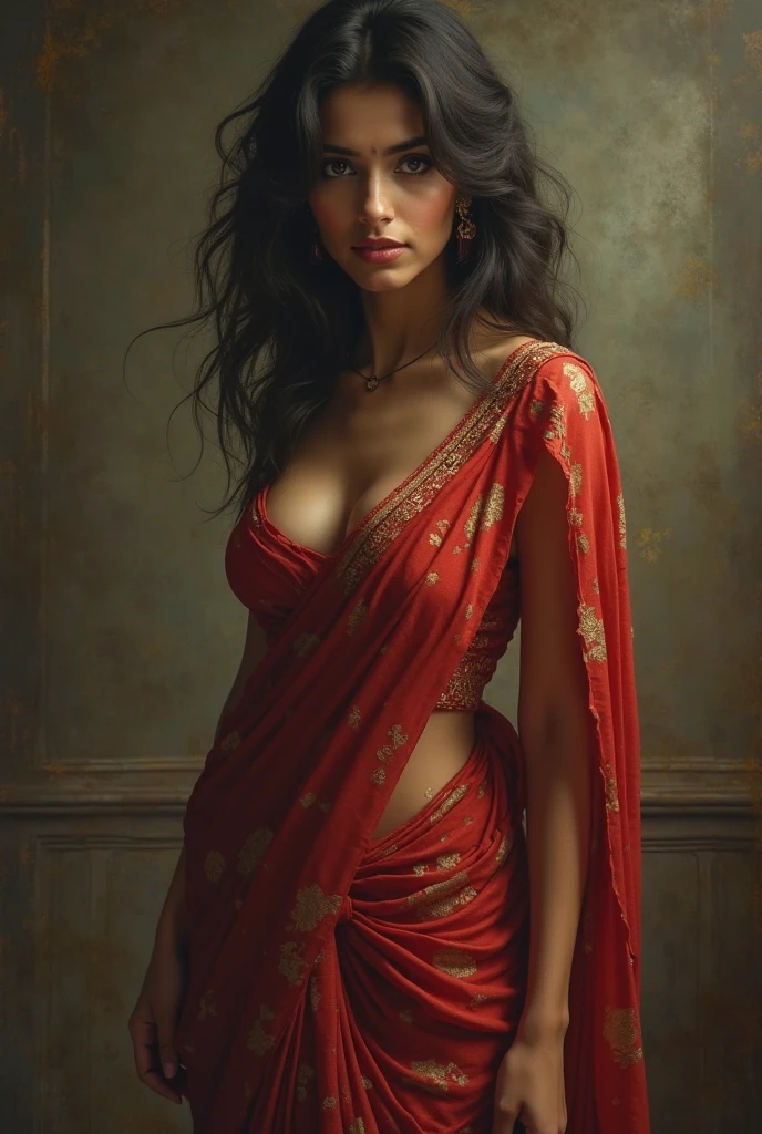Beautiful women in saree, big breast , tight blouse,holding her left side of blouse with left hand, right hand inserting keys half inside the blouse