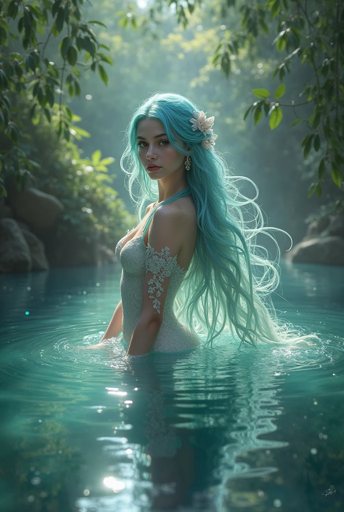 She is a beautiful water spirit, the spirit hair is flowing and transparent blue, it looks like a waterfall, the eye color is aquamarine, reflecting the depth of the sea. It is surrounded by a gentle mist and has a fantastic and enchanting appearance. Water Spirit's skin is glowing and glowing with a soft blue hue, Water Spirit gentle and seductive, photorealistic, masterpiece, highest quality, super detailed, HDR, 8K