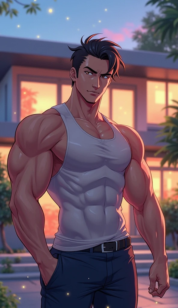A man，(Top Composition), (Ultimate Light and Shadow) Men, Male, (Mature), Top Picture Quality, (Masterpiece), (Exquisite), Black Hair and Black Eyed Handsome Guy, (Exquisite Eyes), (Short Hair), Spotted Sunshine, Abdominal Muscle Man, Strong, Thick, Handsome, Dominant, Abundant Axillary Hair, Rich Body Hair, Handsome, Muscle Man, Strong,Rich body hair，Long Legs, Positive, Swimwear, Manly, Dominant and Handsome, Shorts，wearing only pants，Stand on the ground with high quality，超高分辨率，Handsome