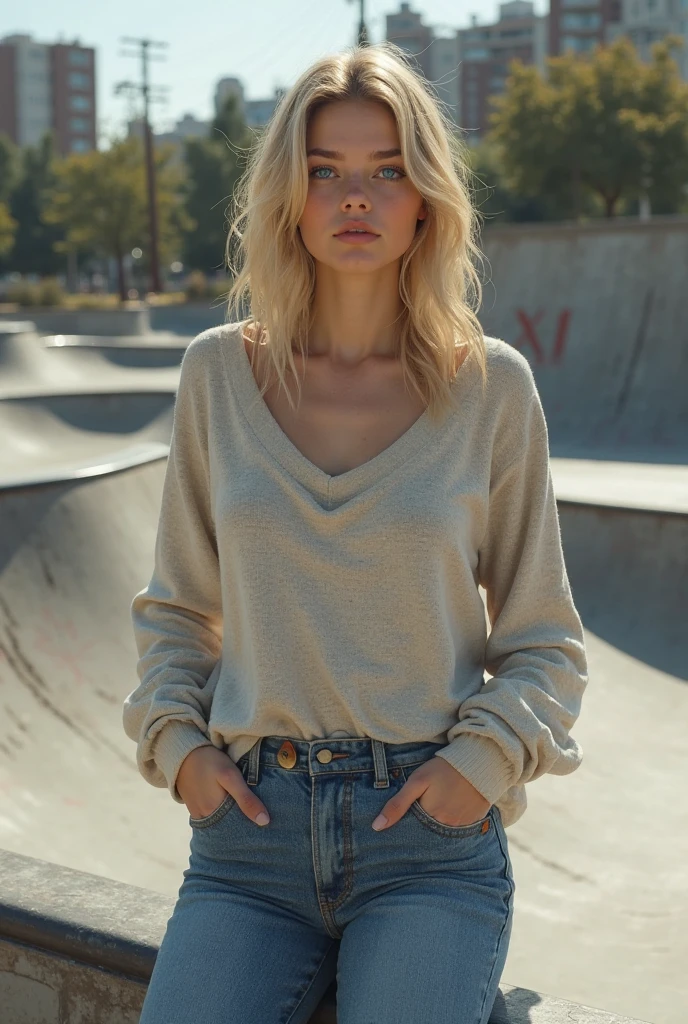Hyperrealistisches selbstportrait von Emily Sears, Meisterwerk, Best quality, Create dystopian Meisterwerks. beautiful woman, schlank, (realistisches blondes Haar), detailliertes Gesicht, Alter von 20 Jahren, in a park with people, wearing blue jeans and a brown pullover, not naked, sitting on a bench