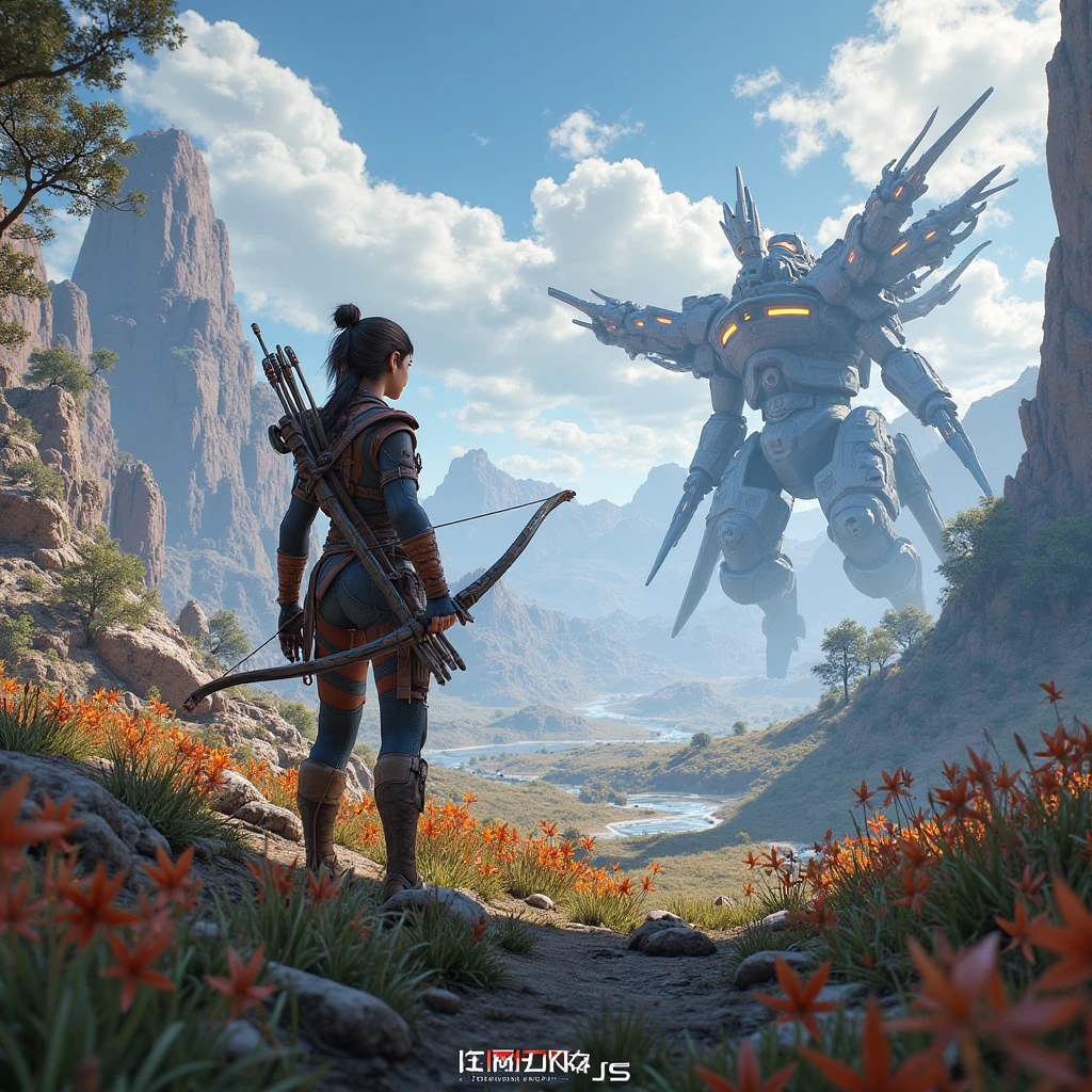 girl in Horizon Zero Dawn: Cradle of Civilization: A sprawling ruin of a futuristic city reclaimed by nature, with overgrown skyscrapers and robotic animals roaming the landscape. with many details,