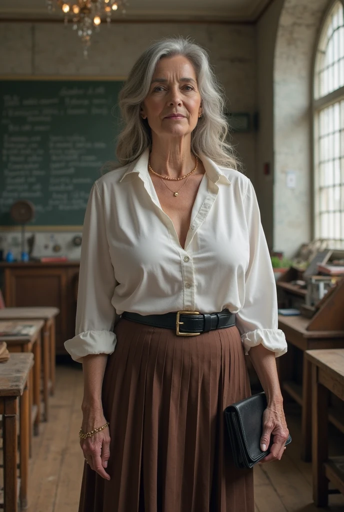 ((((wholesomegrannies:1.3)))), beautiful detailed eyes, ((full brown turtleneck sweater)), brown belt, ((long brown plaid dress)), ((1girl)), ((caucasian)), (English professor), ((elderly woman)), ((((70 years old)))), ((age spots, wrinkles, muffin top belly, underarm fat)), ((white hair:1.1)), ((highly detailed skin:1.2)), long hair, brown eyes, blush, lipstick, eyeliner, colorful, beautiful lips, ((((perfect teeth)))), perfect eyes, ((shy)), ((shy gaze)), (detailed background), indoors, college, classroom, standing in front of dry erase board, <lora:GoodHands-vanilla:1> <lora:epiNoiseoffset_v2-pynoise:1>
masterpiece, best quality, (realistic:1.1), (hyperrealistic), ray tracing, perfect lighting, vivid colors, extremely detailed 8k wallpaper, canon R5, 50mm focal length, f/5.6.