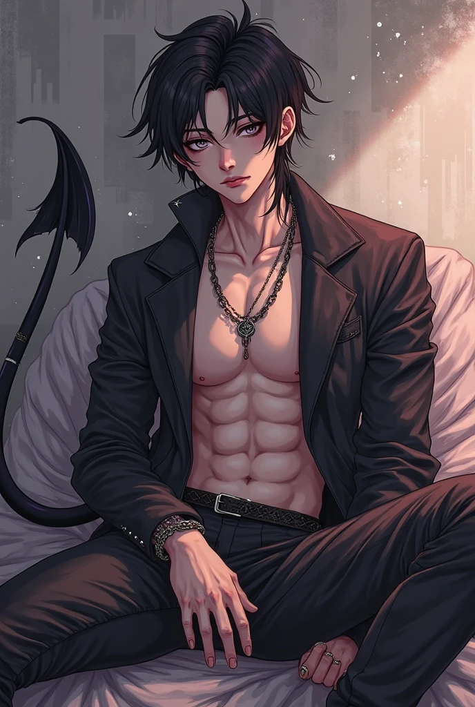 (absurdres, highres, ultra detailed), 1 male, adult, handsome, tall muscular guy, broad shoulders, finely detailed eyes and detailed face, black very long hair, gray eyes, handsome, fantasy, gothic, wolf ears, wolf tail, Sunlight, Fantastic light and shadow, Scenery, portrait, vampire fangs, open mouth, sexy, attractive, full body, tongle, no clothes, no shirt,, Dog Collar, bangs, cute face, sitting on the couch, black leather pants, no shirt