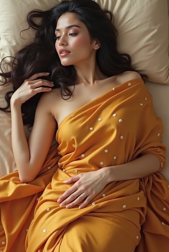 ((32K, ultra HD, RAW Photo, Best Quality, Masterpiece)), ((photos Realistic)), (cinematic lighting) (ultra-detail), shot with Canon EOS R5, ((((50mm len))) f/2.8, HDR, best quality, lifelike, 8k, high resolution, Indian girl in traditional yellow saree, 1 girl, Miss, (professional lighting), (portrait:0.6), (Lie flat on your back on the bed), Gorgeous, black hair, (1 girl ), eyes closed,lifelike, ,SFW, Calm expression,full-body shot,top view, full body,, open legs, novel, nude, naked, sleeping, juicy pussy,
