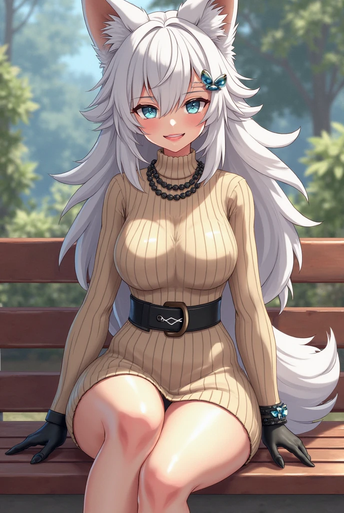 knitted sweater、Sleeveless、turtle neck、Green clothes、Brown Long Hair、Wolf Girl、Colossal tits、thick thighs、shortpants、knee sox、garterbelts、long boots、venusbody,big butts,Wolf ears、Wolf's tail