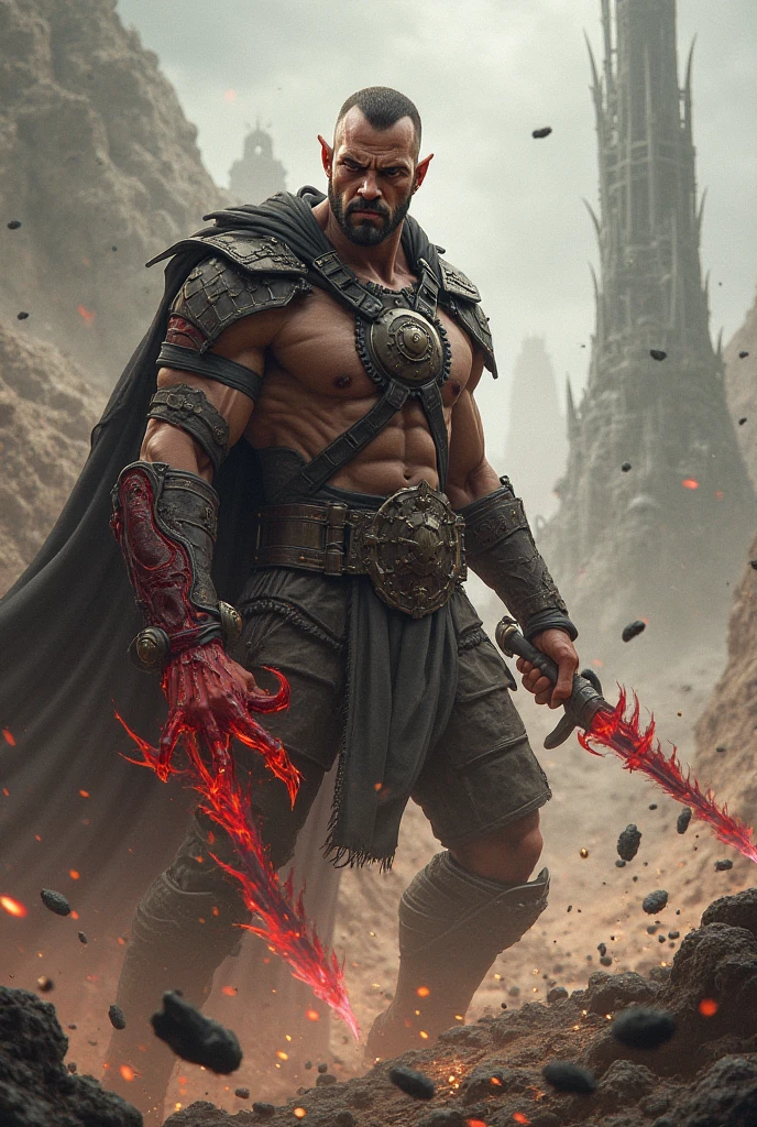muscular ancient fighter fighting in a battle against enemy soldiers. Covered in blood wearing a bodyamor screaming