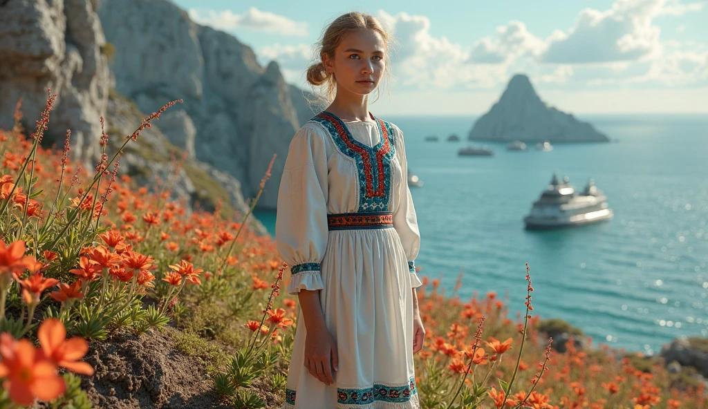 A beautiful girl, about 8 years old. The girl has long light blue hair, straight hair, ((messy)) hair, bangs)) and big blue eyes. The girl wears a turquoise tunic and purple tide pants. Greek templo ruins background. Starry night sky.