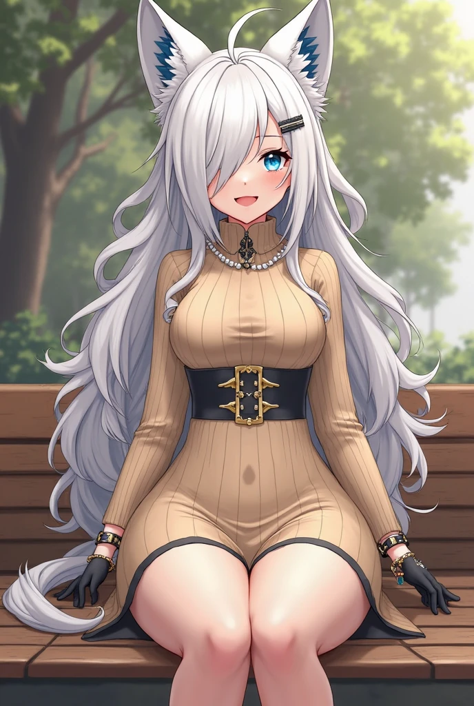a girl with a brown sweater, in a park near a snack bar, silver hair, purple eyes, smiling.
