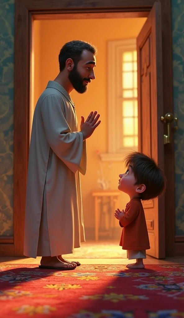 Imagine a Pixar-style scene, with vibrant colors and friendly strokes. or Padre Pio, with his traditional brown habit and well-groomed beard, is crouched in a loving embrace with a 2-year-old boy. or , with dark brown hair , fair skin and a lovely look, is in the arms of Padre Pio, Grinning. or ambiente ao redor é acolhedor, with soft lighting that creates a feeling of warmth and comfort. The expression on Padre Pio's face is one of tenderness and peace, reflecting your genuine affection.