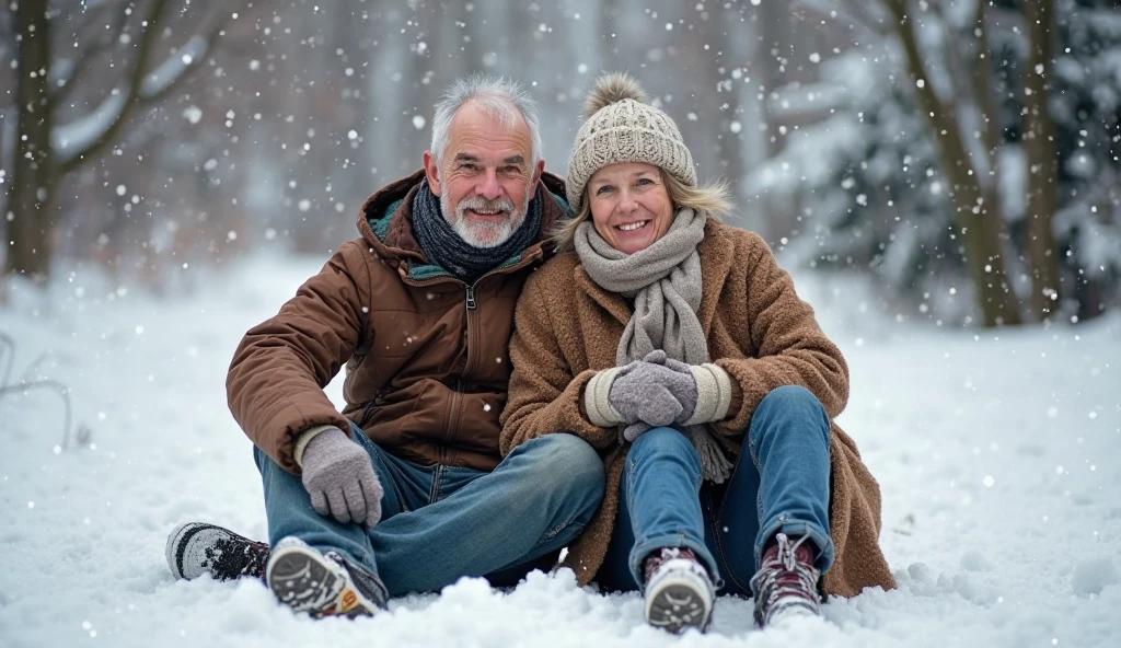 Smiling elderly Asian couple wearing thick down jackets and hats. Two old people, warm happy couple, portrait shoot, snow, warm, marketing photo, February, real life, ultra clear