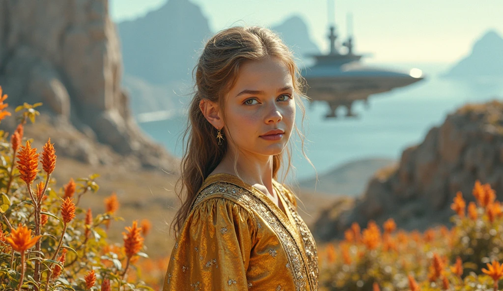 An illustrated movie poster, hand-drawn, full color, a teenage Jedi, 18-years-old, female, wearing a Sleeveless tunic, athletic hourglass figure, busty bosoms, full wide hips, massive round butt, long shapely legs, ridiculously thick powerful thighs, pale blue eyes, mousy brown hair, thick shaggy bangs, rosy sun-kissed complexion, freckles, resembles Margaery Tyrell, standing above Coruscant, graphite shading, stencil marks, airbrushed acrylic paint, masterpiece, in the style of Drew Struzan 
